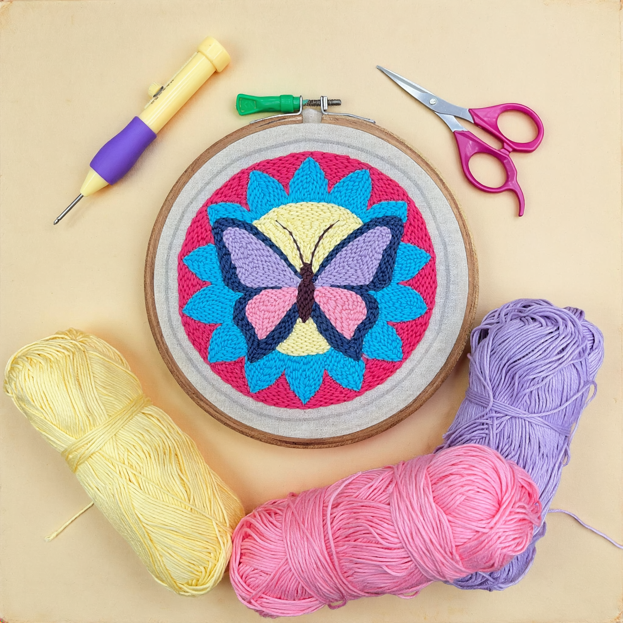 Butterfly Bloom punch needle kit with yarn